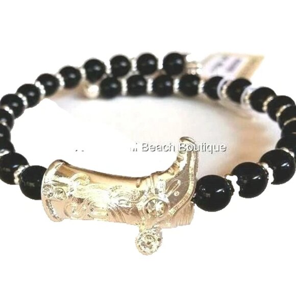 Country Western Cowboy Boot Charm Bracelet Silver Plated Black Cowgirl Stretch - Picture 2 of 9